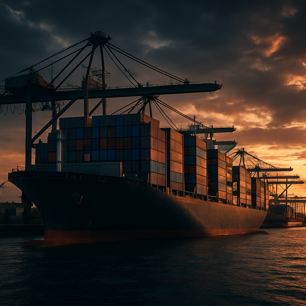 Container cargo ship docked at a commercial port at golden hour